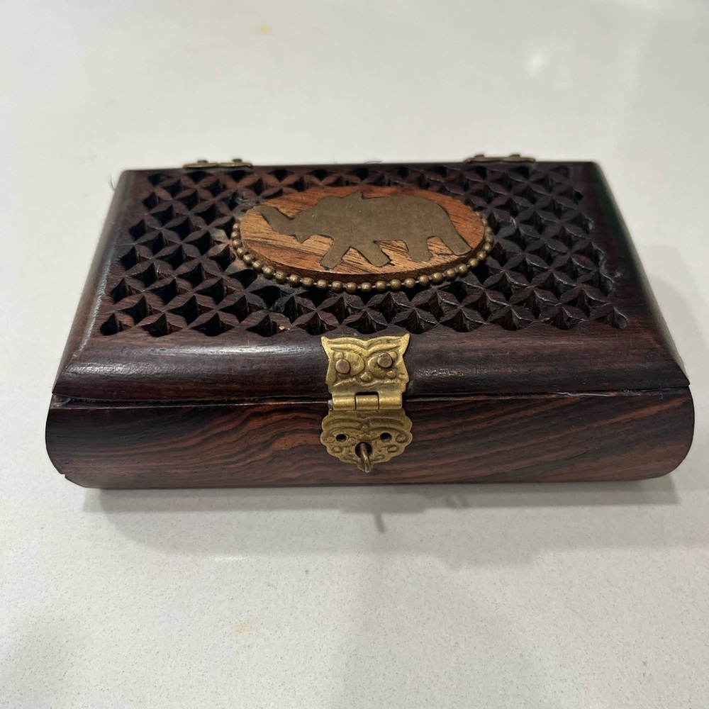 Indian Wooden trinket Box with Brass Elephant Accent